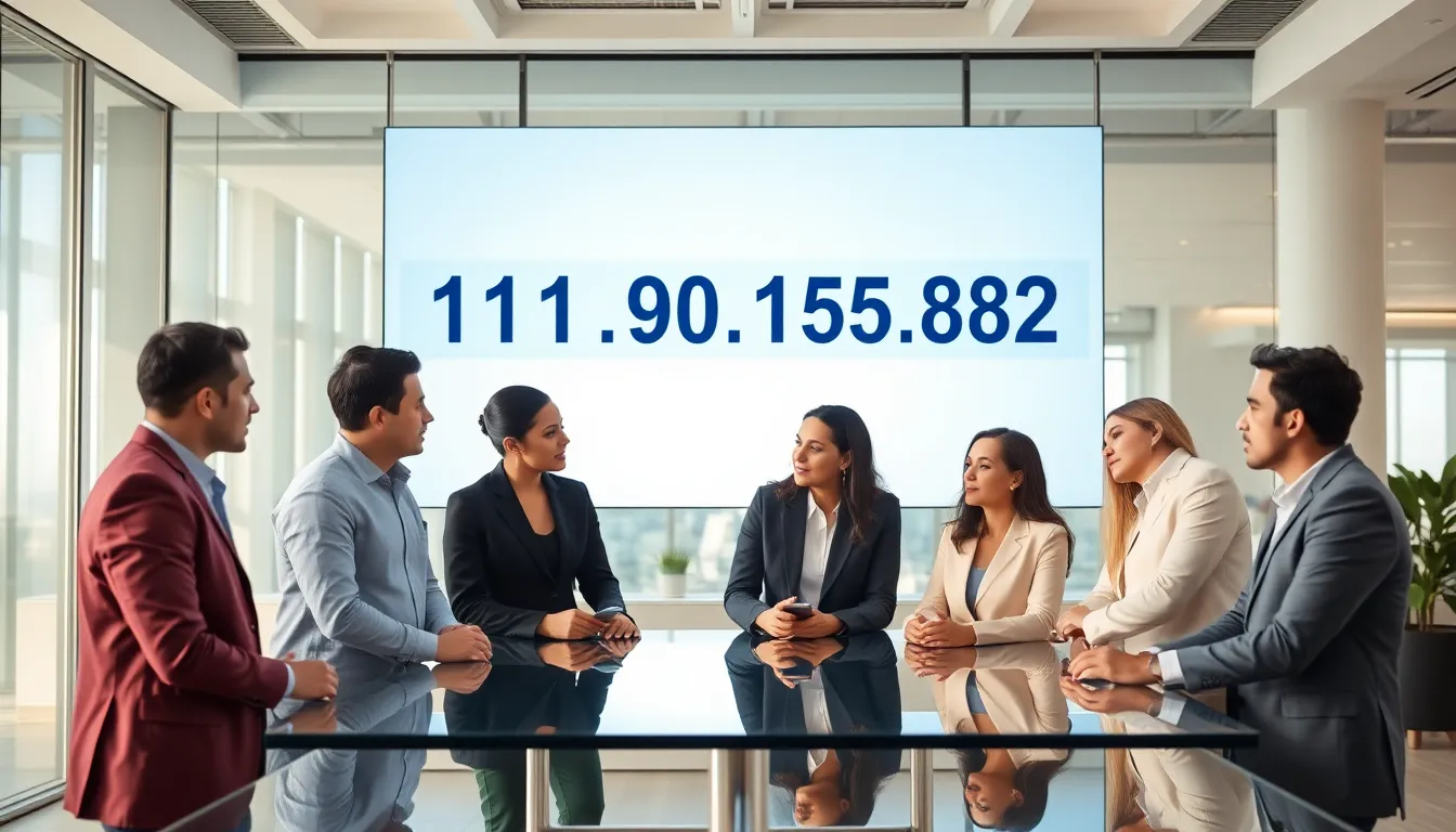 A diverse team discussing IP addresses in a modern office.